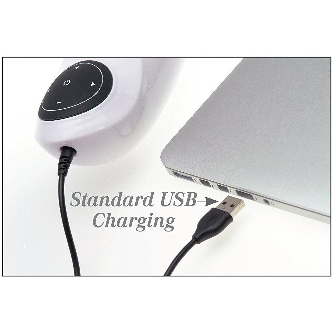 The Extreme Toyz Mega Bator Rechargeable Masturbator Mouth/Ass by Adams Toy Box connects via USB-rechargeable cable for charging with a laptop. The image displays Standard USB Charging and it features a circular control pad with play, forward, backward, and volume buttons for easy use.