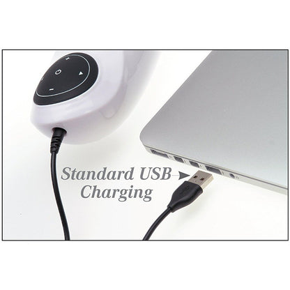 The Extreme Toyz Mega Bator Rechargeable Masturbator Mouth/Ass by Adams Toy Box connects via USB-rechargeable cable for charging with a laptop. The image displays Standard USB Charging and it features a circular control pad with play, forward, backward, and volume buttons for easy use.