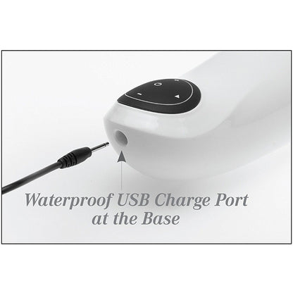 A close-up showcases Adams Toy Box Extreme Toyz Mega Bator, a USB-rechargeable masturbator with a black control panel. A cable connects to its waterproof USB charge port at the base for reliable convenience. Text: Waterproof USB Charge Port at the Base.