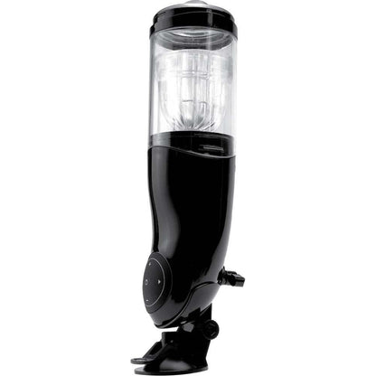 The Extreme Toyz Mega Bator Rechargeable Masturbator Mouth/Ass by Adams Toy Box is a sleek, modern black and transparent cylindrical device with control buttons and a detachable base. This hands-free gadget is USB-rechargeable, providing convenience and style against a plain white background.