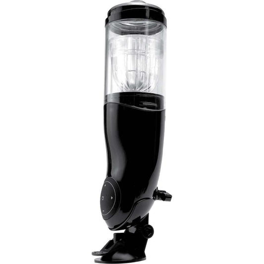 The Extreme Toyz Mega Bator Rechargeable Masturbator Mouth/Ass by Adams Toy Box is a sleek, modern black and transparent cylindrical device with control buttons and a detachable base. This hands-free gadget is USB-rechargeable, providing convenience and style against a plain white background.