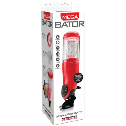 Displayed is the box for Adams Toy Box Extreme Toyz Mega Bator Rechargeable Strokers Mouth, a red automatic male masturbator. The packaging showcases features like USB charging, rotation, thrusting motion, and hands-free use with a suction mount.