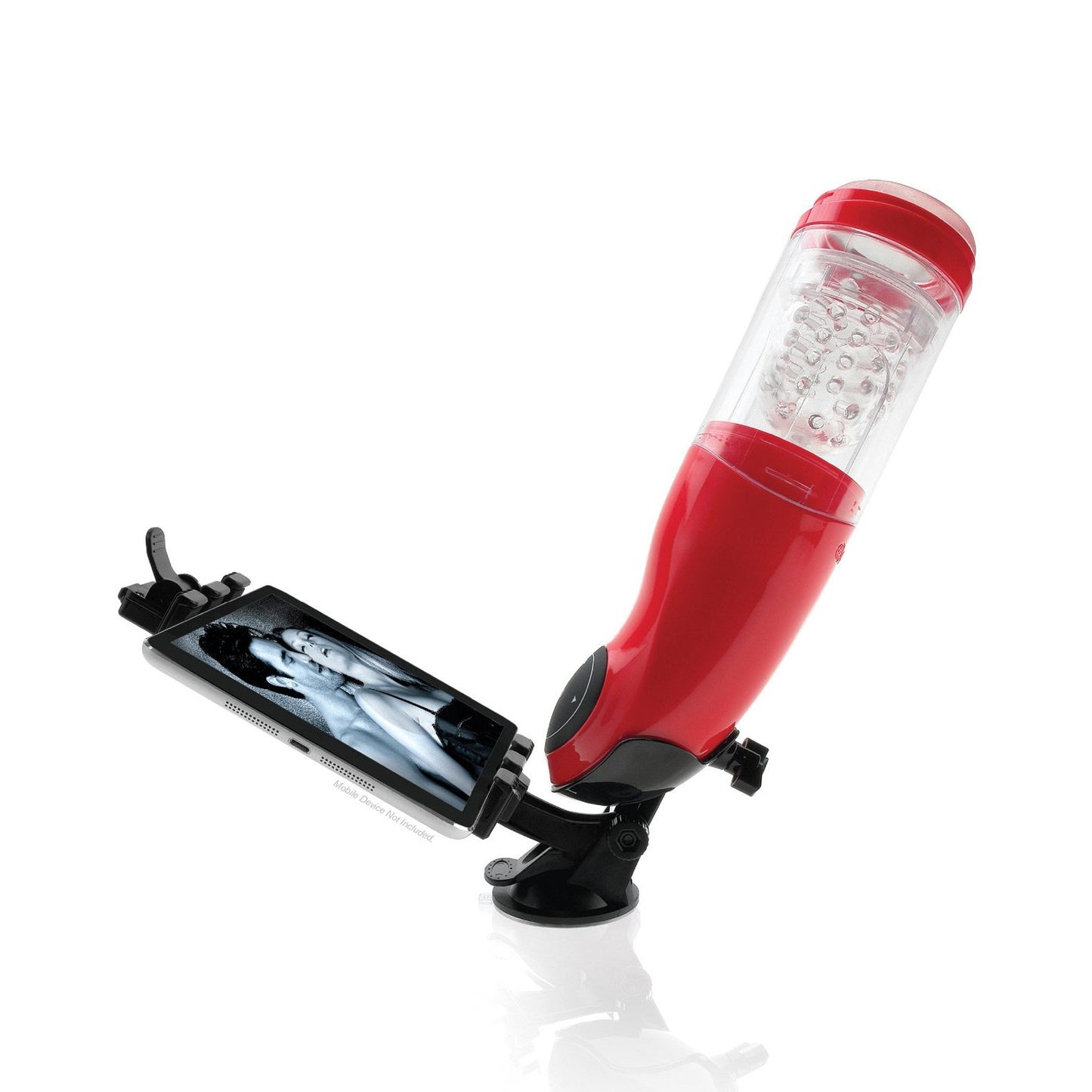 The Extreme Toyz Mega Bator Rechargeable Strokers Mouth by Adams Toy Box is a red automatic male masturbator with a transparent chamber, revealing its textured interior. Its mounted with a smartphone holder displaying a grayscale image on the screen.