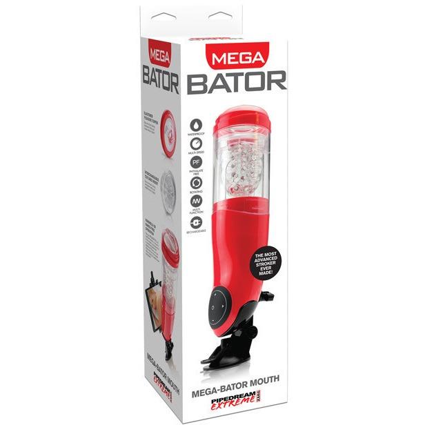 Packaging of the red Extreme Toyz Mega Bator Rechargeable Stroker by Adams Toy Box. The box showcases images and text emphasizing its realistic mouth design and advanced motion technology.