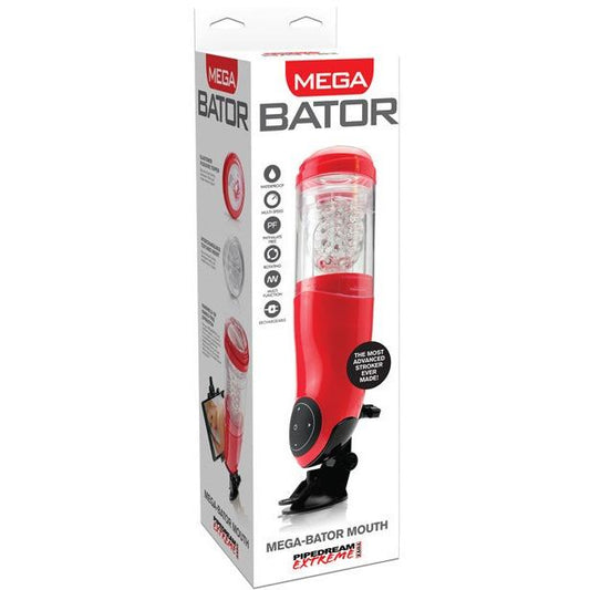 Packaging of the red Extreme Toyz Mega Bator Rechargeable Stroker by Adams Toy Box. The box showcases images and text emphasizing its realistic mouth design and advanced motion technology.