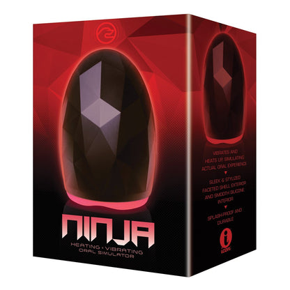 The Falcon Ninja Rechargeable Heating Masturbator box boasts a sleek black design with red accents, featuring heating, vibrating functionalities, and a smooth silicone interior. The red geometric background enhances its allure.