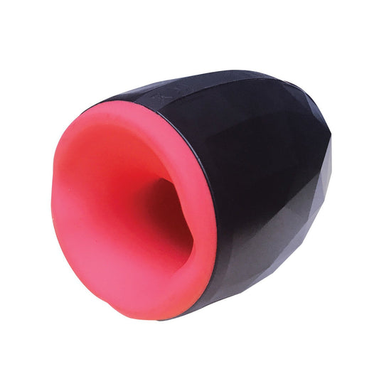 The Falcon Ninja Rechargeable Heating Masturbator, a black faceted cylinder with a soft pink circular opening, promises an intriguing and sensual journey.