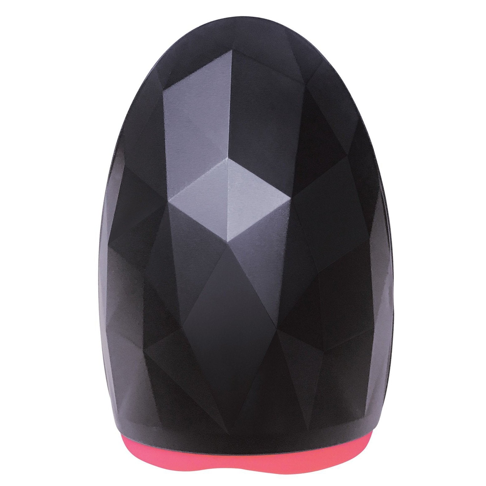 A front view of the Falcon Ninja Rechargeable Heating Masturbator, a black, geometrically textured, egg-shaped device with a red base, reminiscent of a playful ninja set to guide you on a sensual journey.