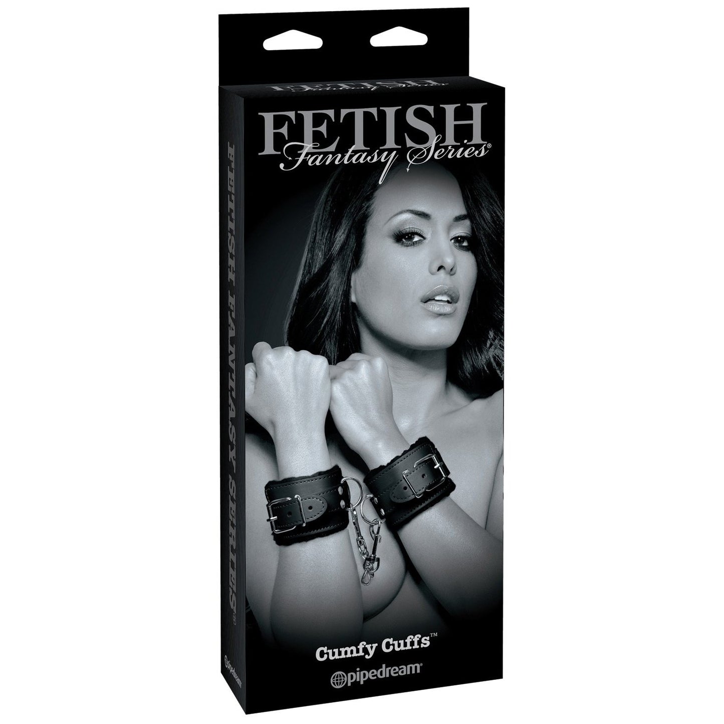 The Fetish Fantasy Limited Edition Cumfy Cuffs box features a confident person wearing bondage cuffs, depicted in black and white, on the front, highlighting Pipedreams innovative design.