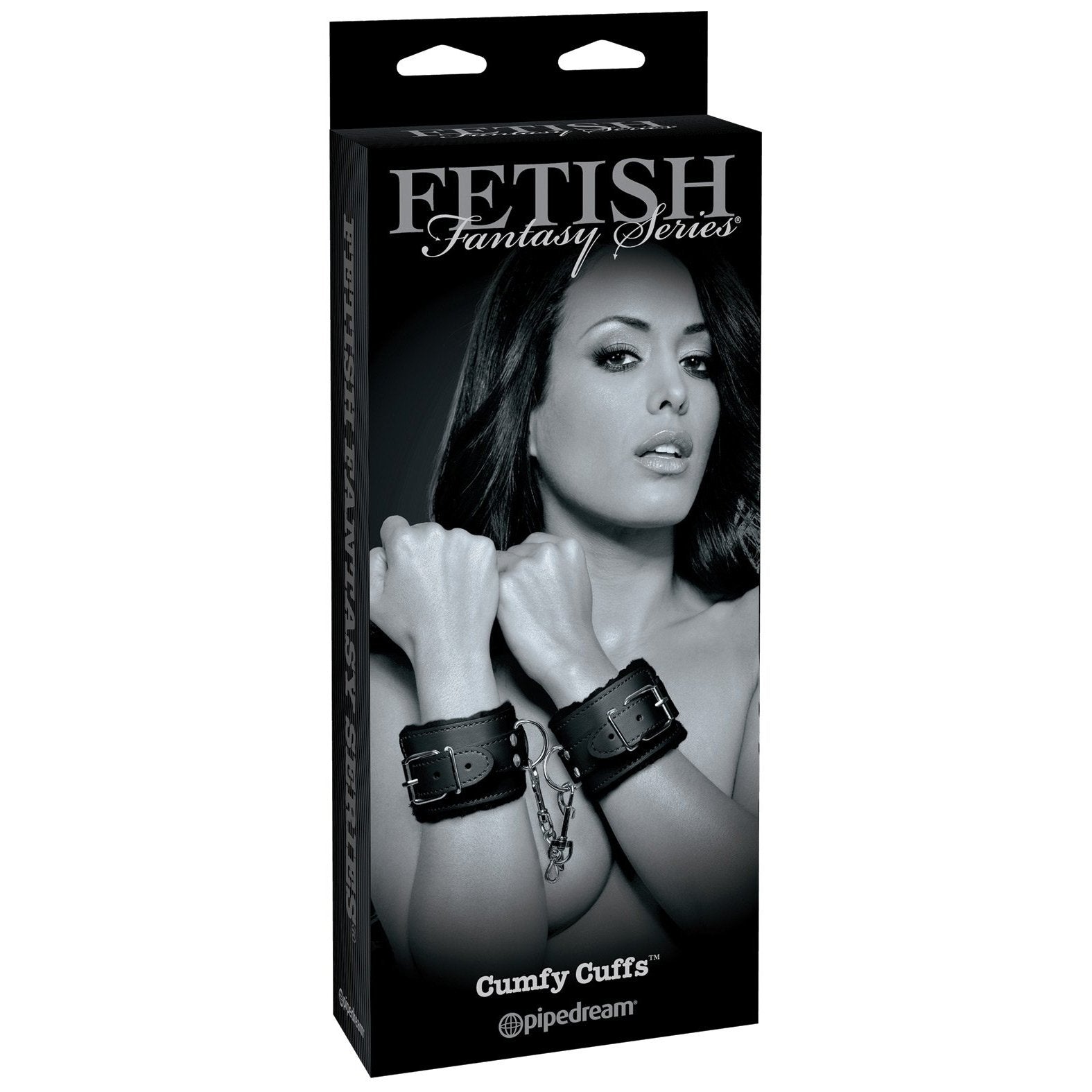 The Fetish Fantasy Limited Edition Cumfy Cuffs box features a confident person wearing bondage cuffs, depicted in black and white, on the front, highlighting Pipedreams innovative design.