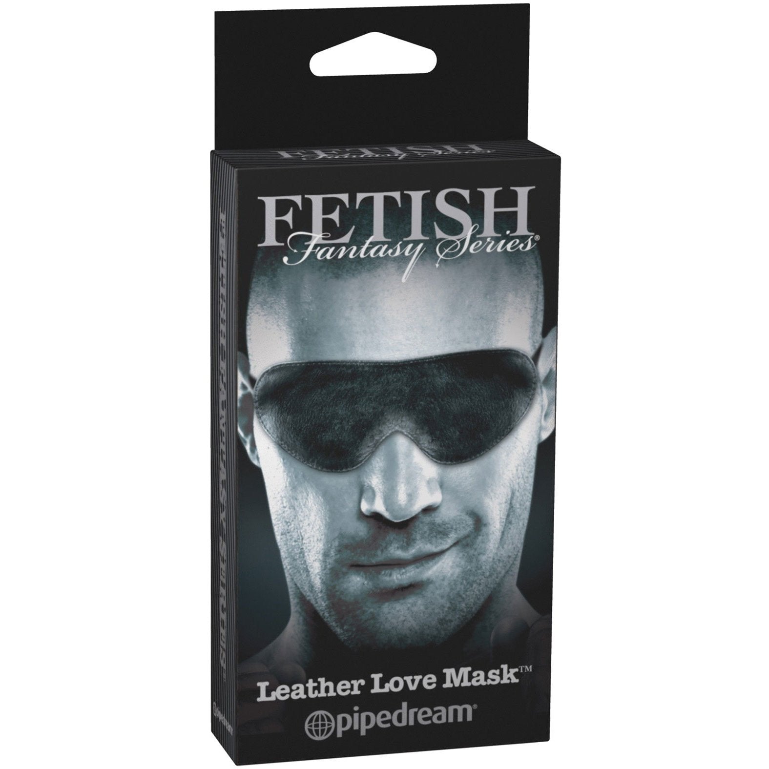 The Fetish Fantasy Limited Edition Love Mask packaging features an enticing image of someone experiencing sensory deprivation with a sleek black mask, ideal for adventurous sex play.