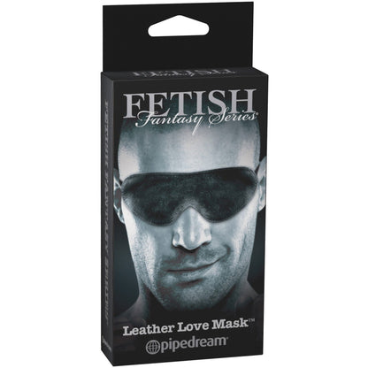The Fetish Fantasy Limited Edition Love Mask packaging features an enticing image of someone experiencing sensory deprivation with a sleek black mask, ideal for adventurous sex play.