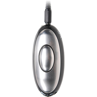 A close-up of the Pipedream Fetish Fantasy Pleasure Probe, a silver and black oval-shaped electro-stimulation device with a central button. A cable connects at the top, highlighting its metallic finish.