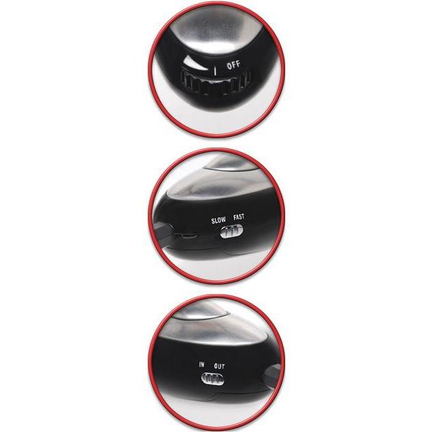 Close-up of three circular images of a sleek black device by Pipedream resembling the Fetish Fantasy Pleasure Probe. Top: OFF. Middle: SLOW and FAST with a slider. Bottom: IN and OUT with another slider for precise electro-stimulation.