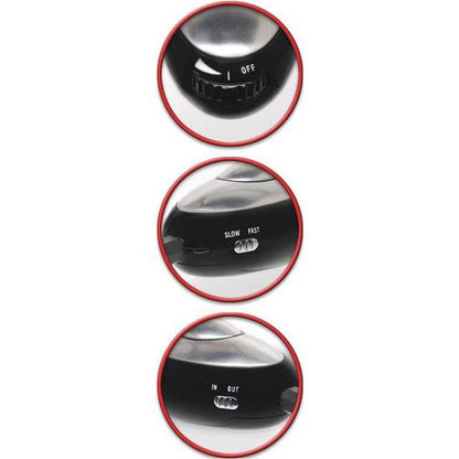 Close-up of three circular images of a sleek black device by Pipedream resembling the Fetish Fantasy Pleasure Probe. Top: OFF. Middle: SLOW and FAST with a slider. Bottom: IN and OUT with another slider for precise electro-stimulation.