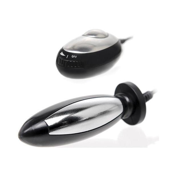 Discover Pipedreams Fetish Fantasy Pleasure Probe, a sleek chrome and black butt plug with remote control for electro-stimulation, featuring an off dial switch and a tapered design for comfort.