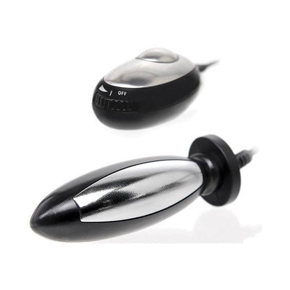 Discover Pipedreams Fetish Fantasy Pleasure Probe, a sleek chrome and black butt plug with remote control for electro-stimulation, featuring an off dial switch and a tapered design for comfort.