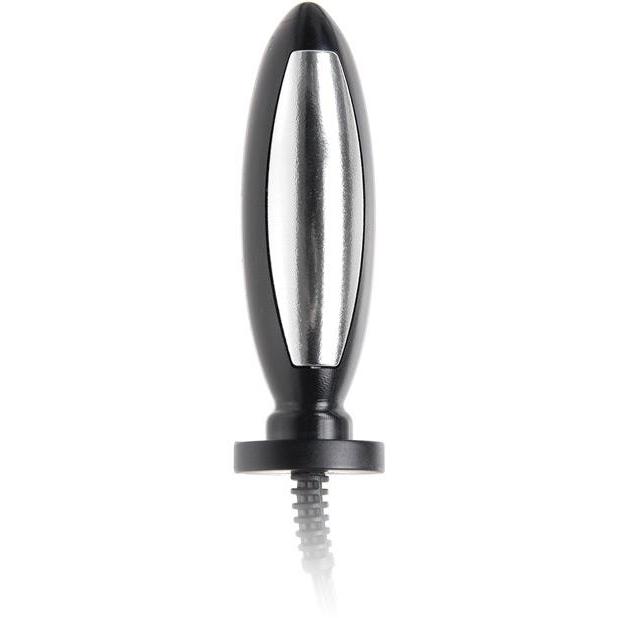 A black and silver plug-shaped object with a cord, resembling a Pipedream Fetish Fantasy Pleasure Probe, is designed for versatile uses such as electro-stimulation or enhancing electronic devices.