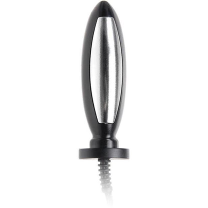 A black and silver plug-shaped object with a cord, resembling a Pipedream Fetish Fantasy Pleasure Probe, is designed for versatile uses such as electro-stimulation or enhancing electronic devices.