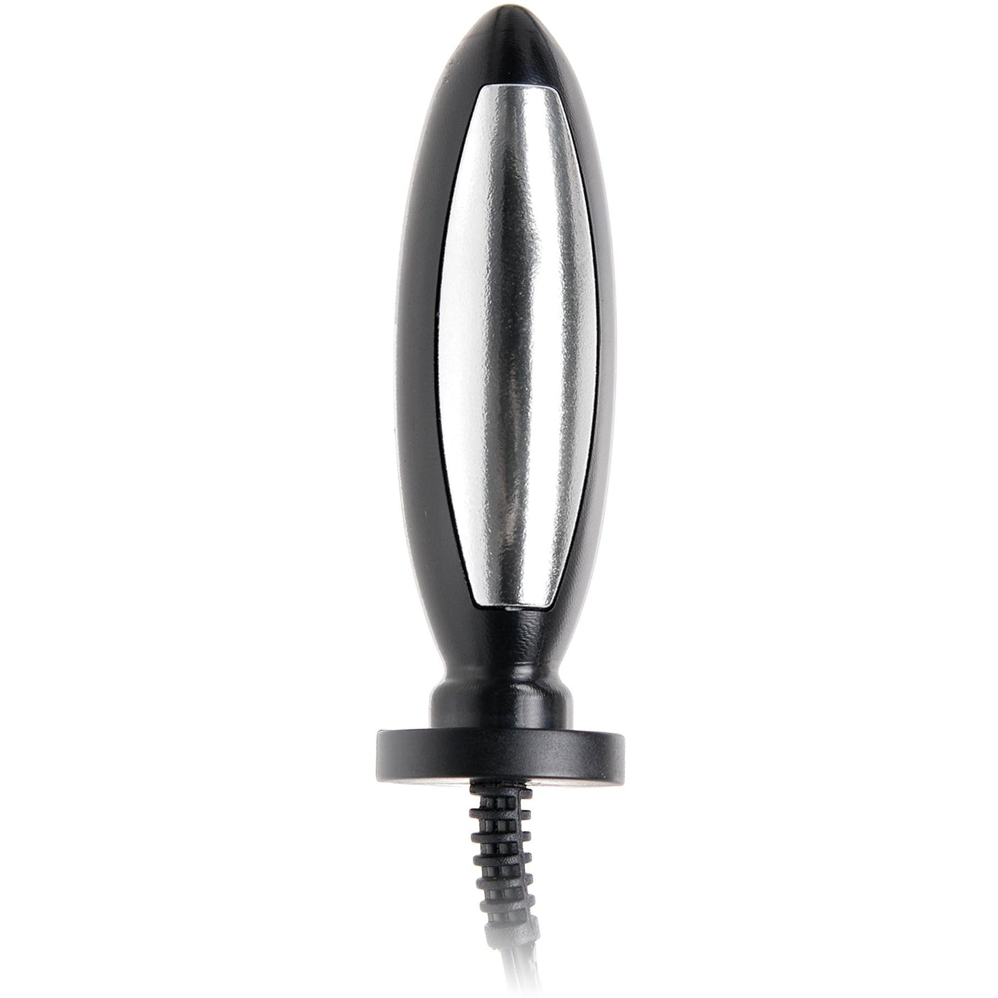 A close-up of the Fetish Fantasy Pleasure Probe by Pipedream, a tapered cylindrical black and silver electro-stimulation device, with a cord extending from its base.