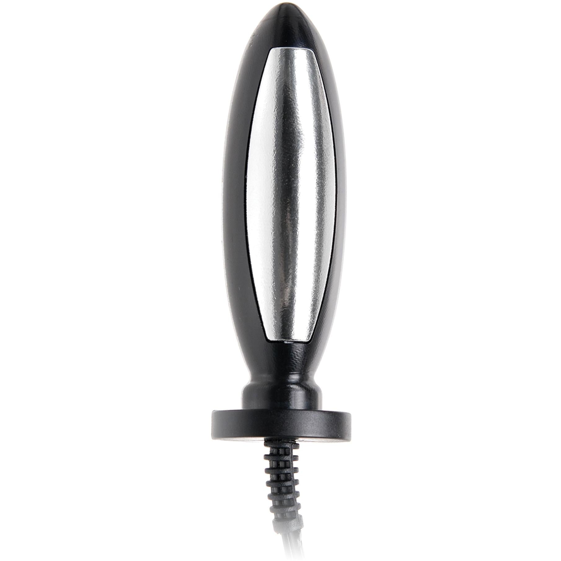 A close-up of the Fetish Fantasy Pleasure Probe by Pipedream, a tapered cylindrical black and silver electro-stimulation device, with a cord extending from its base.