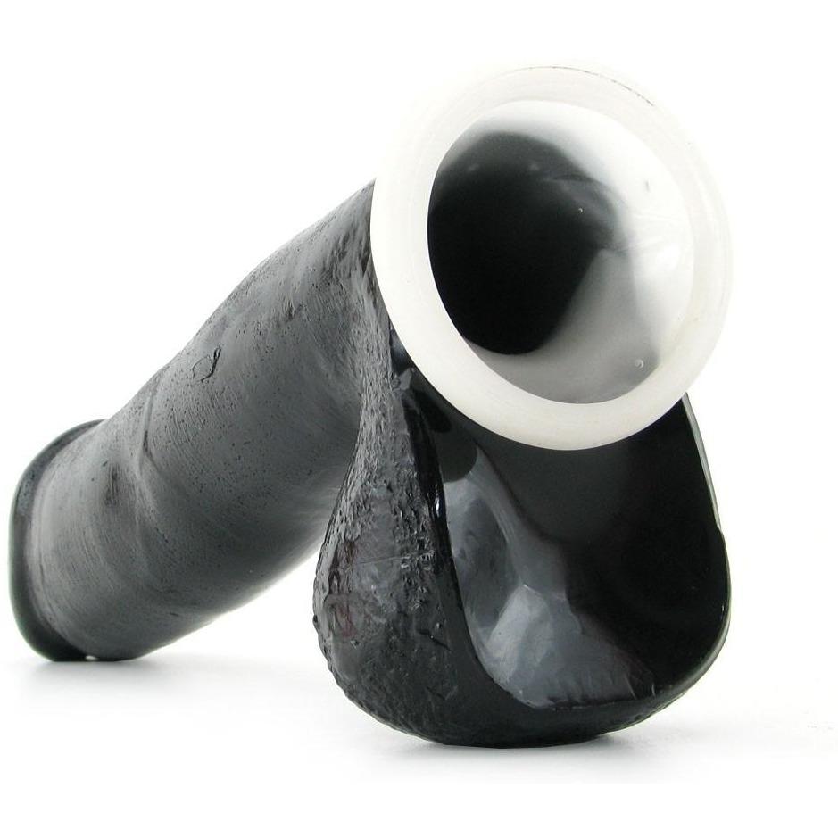 The Fetish Fantasy Series Big Daddy Hollow 10 Strap-On by Adams Toy Box is a black, elongated toy with a smooth surface and a wide, white rim at one end, set against a stark white background.