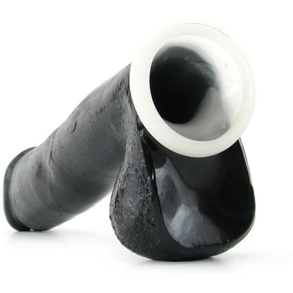 The Fetish Fantasy Series Big Daddy Hollow 10 Strap-On by Adams Toy Box is a black, elongated toy with a smooth surface and a wide, white rim at one end, set against a stark white background.