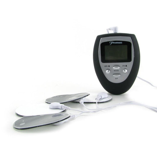 The Pipedream Fetish Fantasy Series Shock Therapy Electro Sex Kit includes a sleek black and silver control unit with gray electrode pads connected by wires. The display screen and buttons make it easy to control for an electrifying experience.