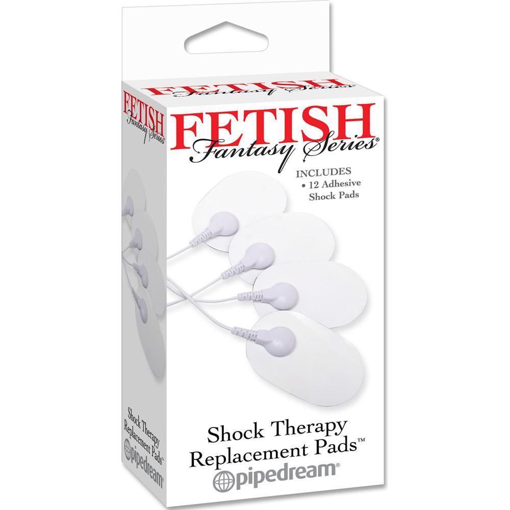 A box labeled Fetish Fantasy Therapy Replacement Pads - 12 Piece by Pipedream shows four adhesive shock pads with cords and includes 12 pads plus a sample of Electro-sex Gel to enhance the experience.