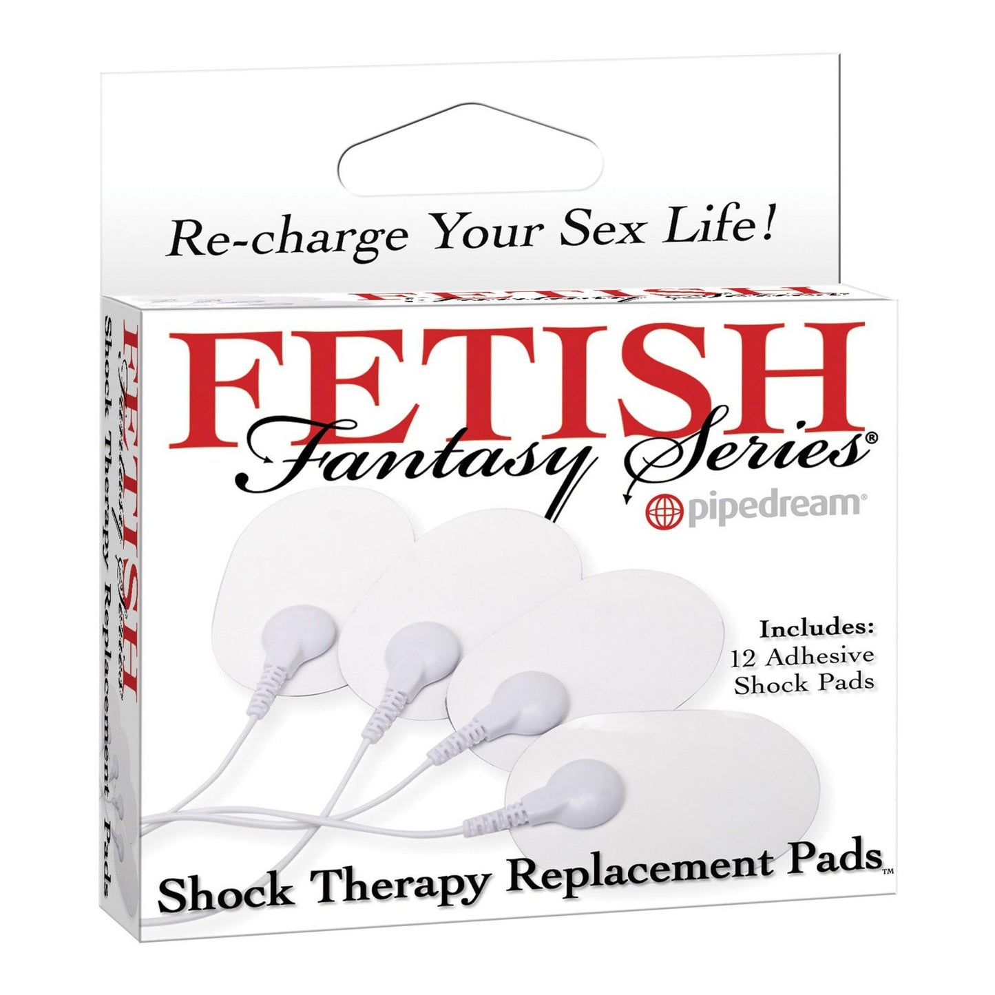 Front of a box labeled Pipedream Fetish Fantasy Therapy Replacement Pads. It showcases four white shock therapy pads with cords, reading Re-charge Your Sex Life! Inside, youll find 12 Fetish Fantasy Replacement Pads to enhance your experience.