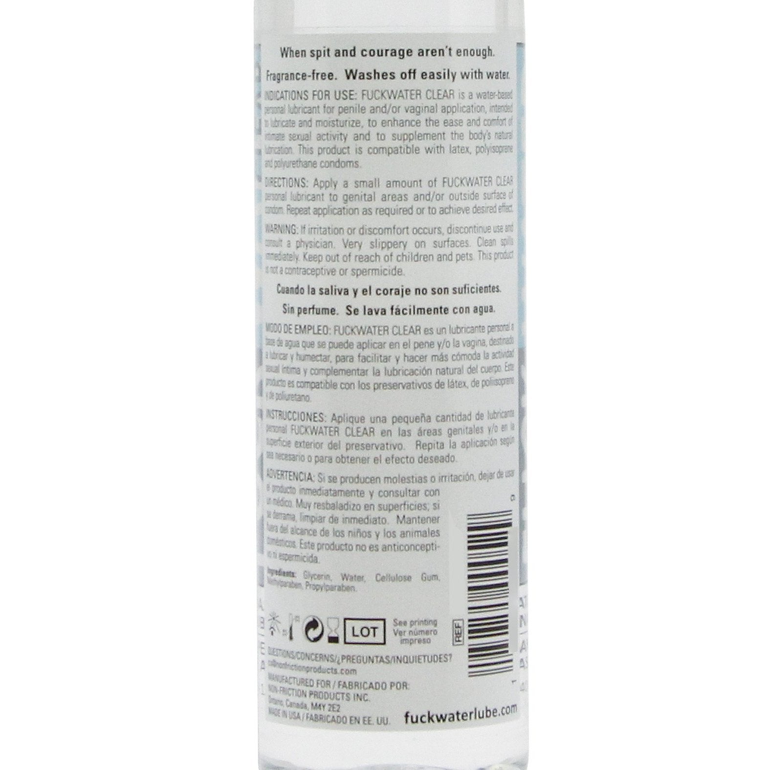 The Fuck Water Clear H2O bottle displays product details and directions in English and Spanish. The label highlights its water-washable, fragrance-free qualities, compatibility with condoms, and prominently features the brand name: Fuck Water.
