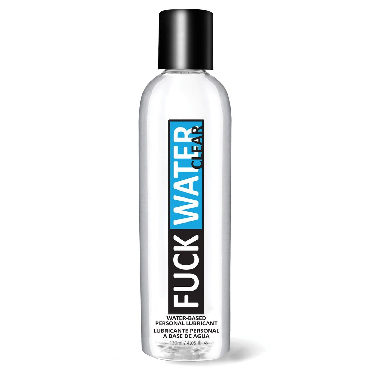 A transparent bottle labeled Fuck Water Clear H2O features black text on a blue and white label and contains water-based, toy-friendly personal lubricant that is also condom compatible.