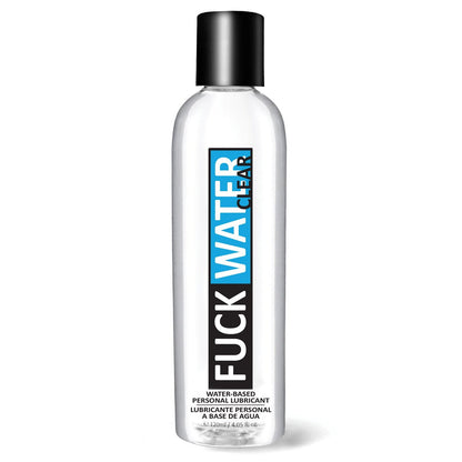 A transparent bottle labeled Fuck Water Clear H2O features black text on a blue and white label and contains water-based, toy-friendly personal lubricant that is also condom compatible.