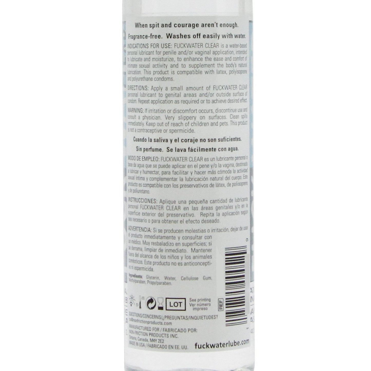 The back of the Fuck Water Clear H2O bottle, by Fuck Water, includes English and Spanish text with usage directions, highlighting it as a fragrance-free, toy-friendly, water-based lubricant thats condom compatible. Ingredients, contact info, and manufacturing details are listed below.