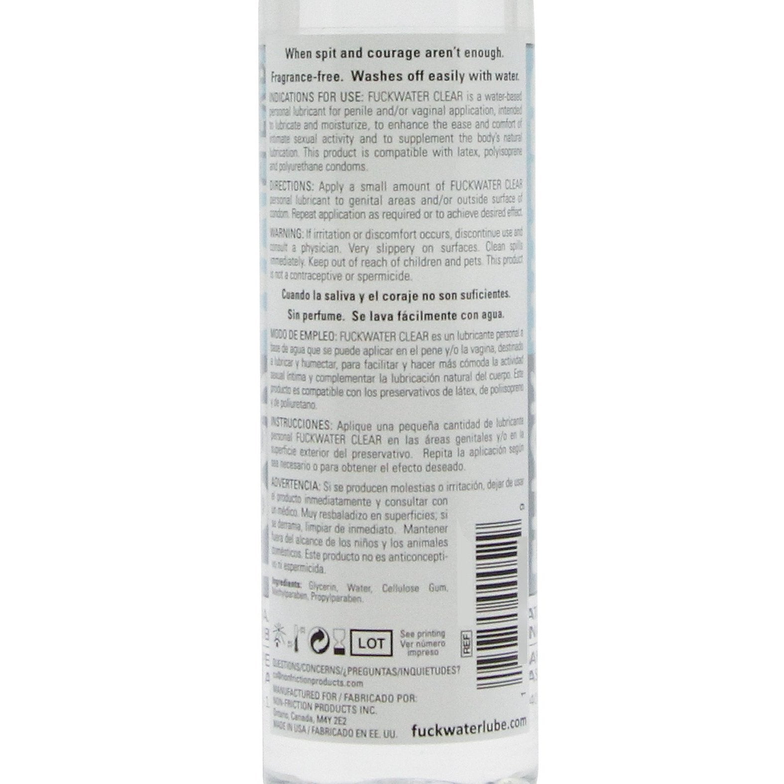 The back of the Fuck Water Clear H2O bottle, by Fuck Water, includes English and Spanish text with usage directions, highlighting it as a fragrance-free, toy-friendly, water-based lubricant thats condom compatible. Ingredients, contact info, and manufacturing details are listed below.