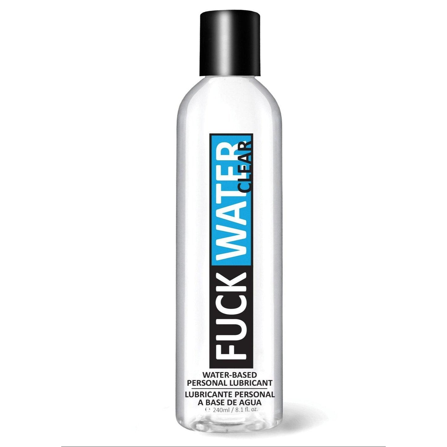 The Fuck Water Clear H2O is a 240 ml (8 fl. oz) water-based personal lubricant in a clear plastic bottle with a black cap, featuring a white and blue label. Its toy-friendly and condom compatible, promising smooth experiences with every use.