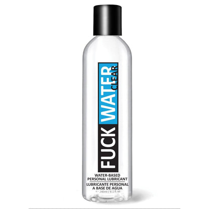 The Fuck Water Clear H2O is a 240 ml (8 fl. oz) water-based personal lubricant in a clear plastic bottle with a black cap, featuring a white and blue label. Its toy-friendly and condom compatible, promising smooth experiences with every use.
