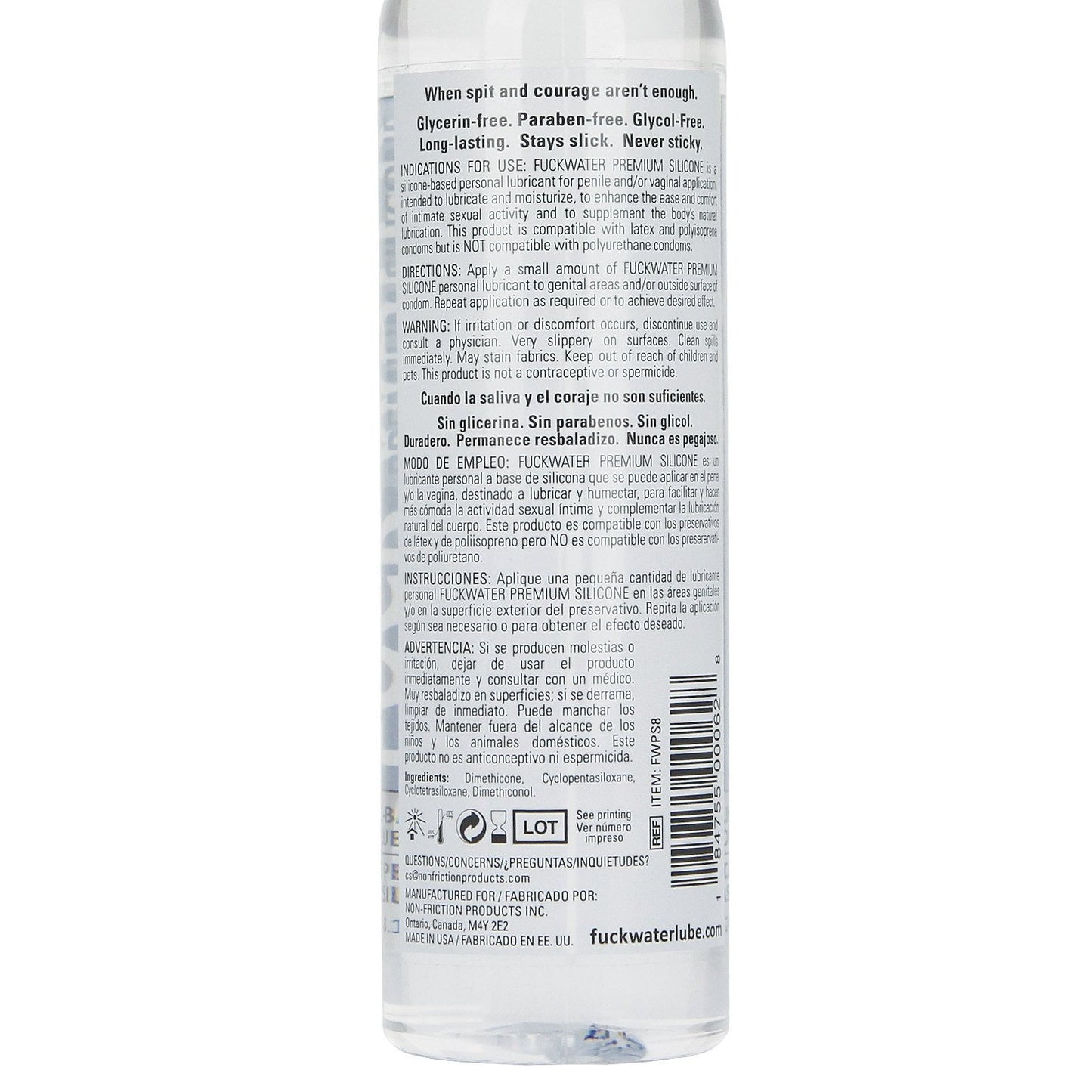 The transparent Fuck Water Clear H2O bottle has a white label with English and Spanish text detailing product info, ingredients, and instructions. This toy-friendly, water-based lube includes a barcode at the bottom.