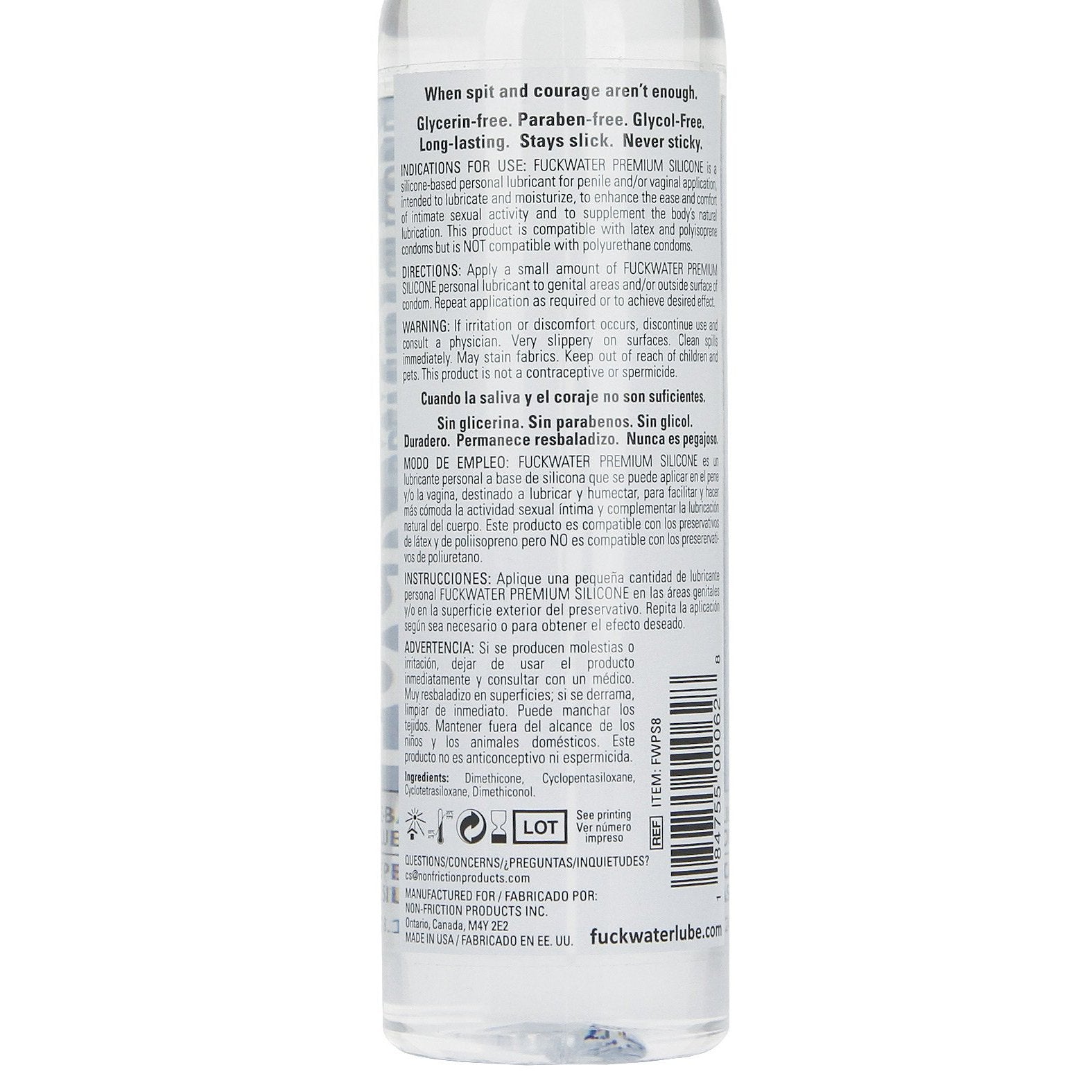 The transparent Fuck Water Clear H2O bottle has a white label with English and Spanish text detailing product info, ingredients, and instructions. This toy-friendly, water-based lube includes a barcode at the bottom.