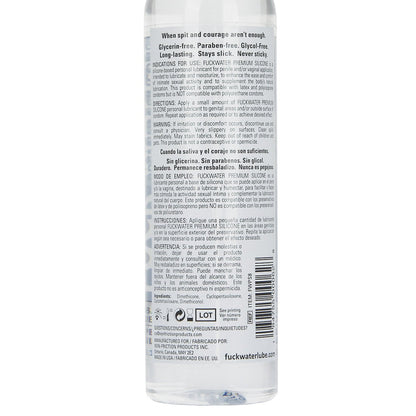 The transparent Fuck Water Clear H2O bottle has a white label with English and Spanish text detailing product info, ingredients, and instructions. This toy-friendly, water-based lube includes a barcode at the bottom.