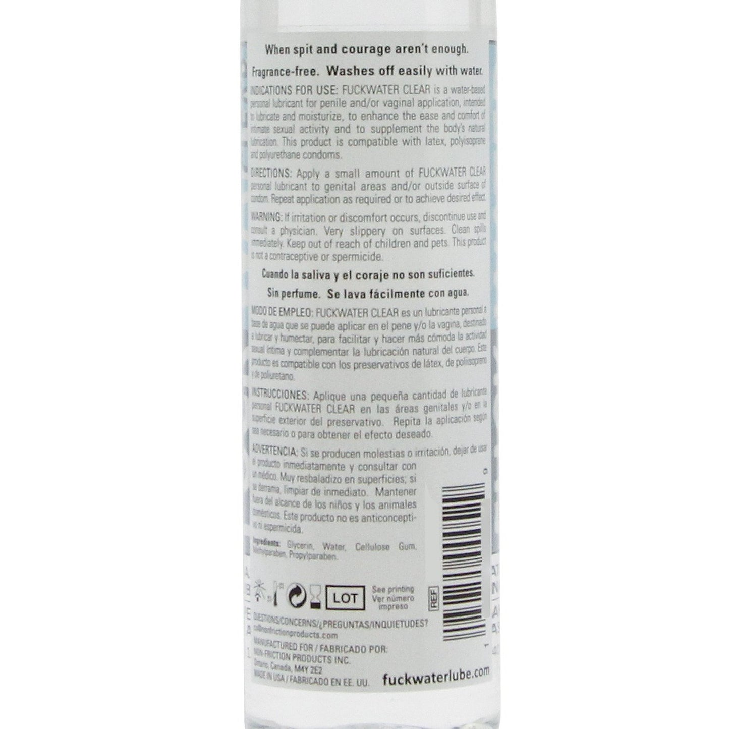 Close-up of Fuck Water Clear H2O bottle, showing the label highlighting features like fragrance-free, condom compatible, and water washable. Instructions and ingredients in English/Spanish are listed with the brand name Fuck Water and website visible at the bottom.