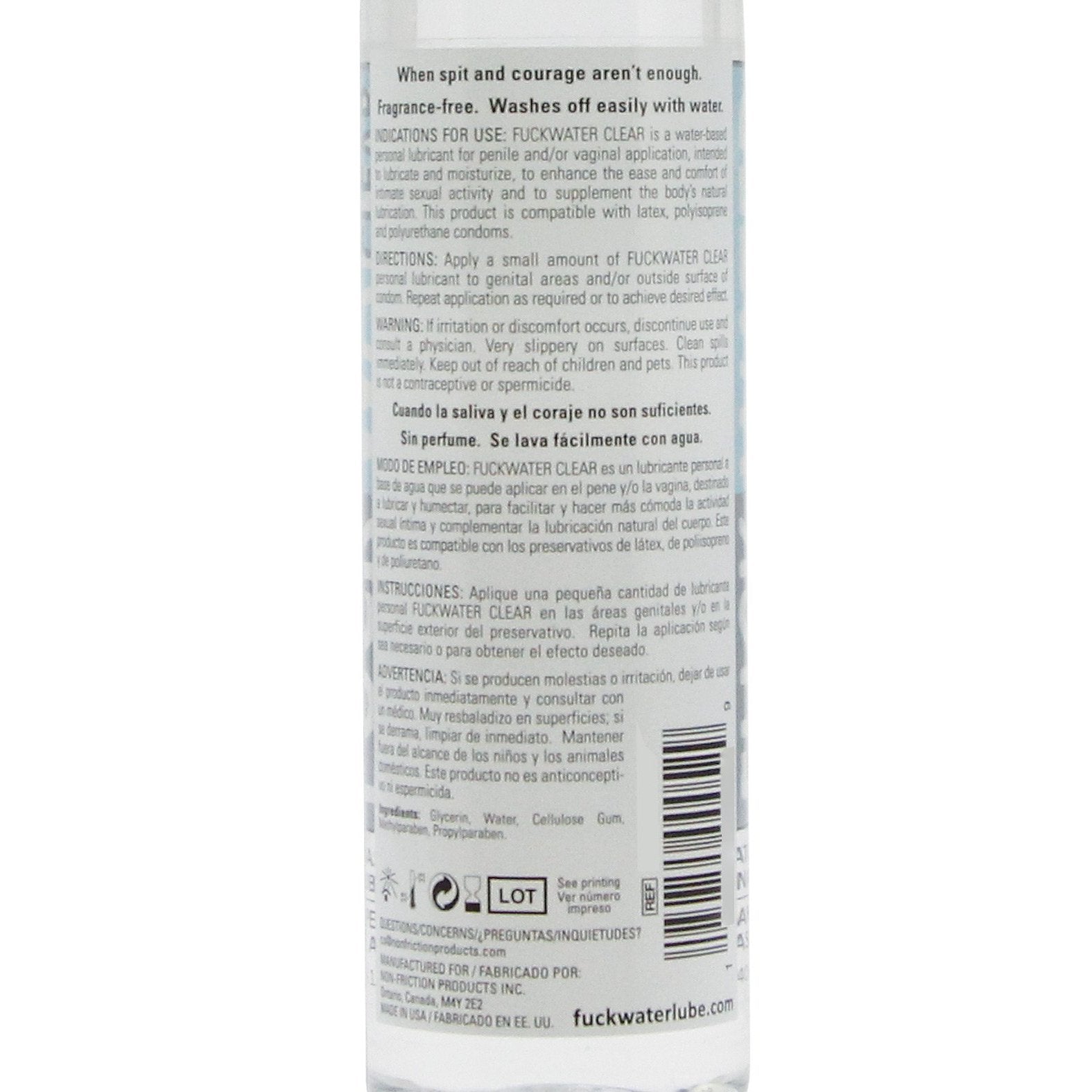 Close-up of Fuck Water Clear H2O bottle, showing the label highlighting features like fragrance-free, condom compatible, and water washable. Instructions and ingredients in English/Spanish are listed with the brand name Fuck Water and website visible at the bottom.