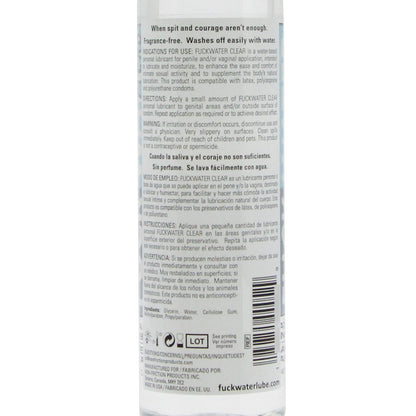 Close-up of Fuck Water Clear H2O bottle, showing the label highlighting features like fragrance-free, condom compatible, and water washable. Instructions and ingredients in English/Spanish are listed with the brand name Fuck Water and website visible at the bottom.