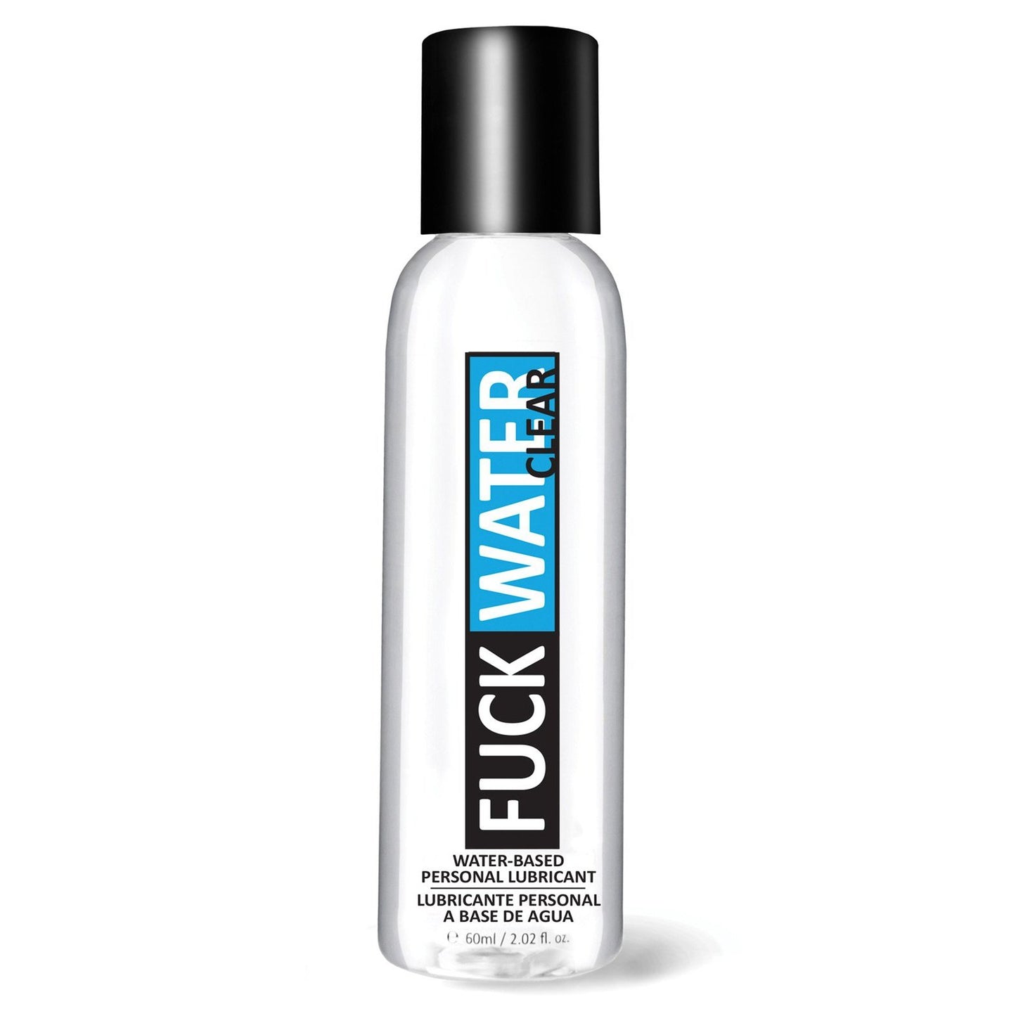 A bottle of Fuck Water Clear H2O, a toy-friendly, water-based personal lubricant. This transparent bottle with a black cap features contrasting text for the brand and description, ensuring its condom compatible and versatile for all your needs.