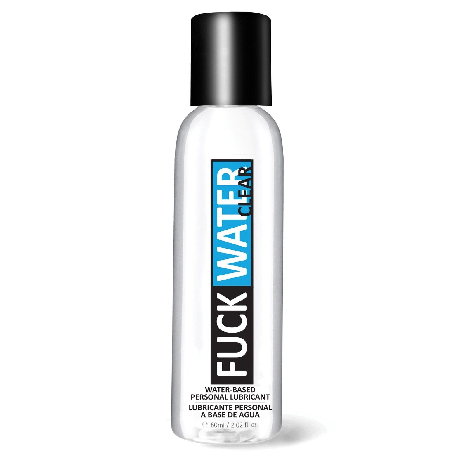 A bottle of Fuck Water Clear H2O, a toy-friendly, water-based personal lubricant. This transparent bottle with a black cap features contrasting text for the brand and description, ensuring its condom compatible and versatile for all your needs.