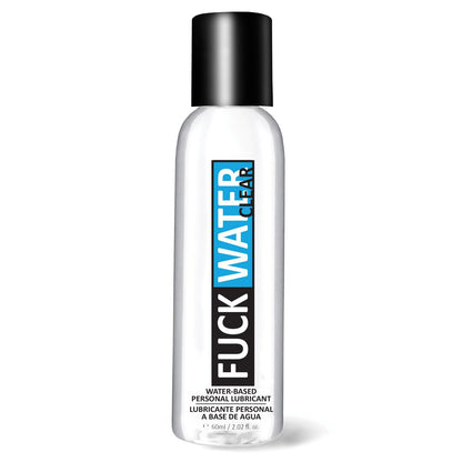 A bottle of Fuck Water Clear H2O, a toy-friendly, water-based personal lubricant. This transparent bottle with a black cap features contrasting text for the brand and description, ensuring its condom compatible and versatile for all your needs.