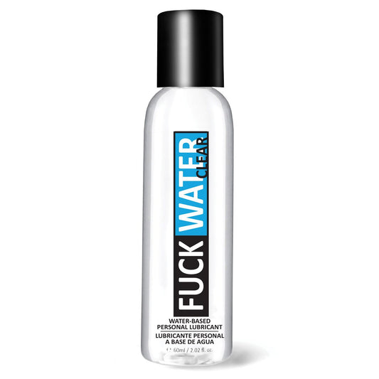 A bottle of Fuck Water Clear H2O, a toy-friendly, water-based personal lubricant. This transparent bottle with a black cap features contrasting text for the brand and description, ensuring its condom compatible and versatile for all your needs.