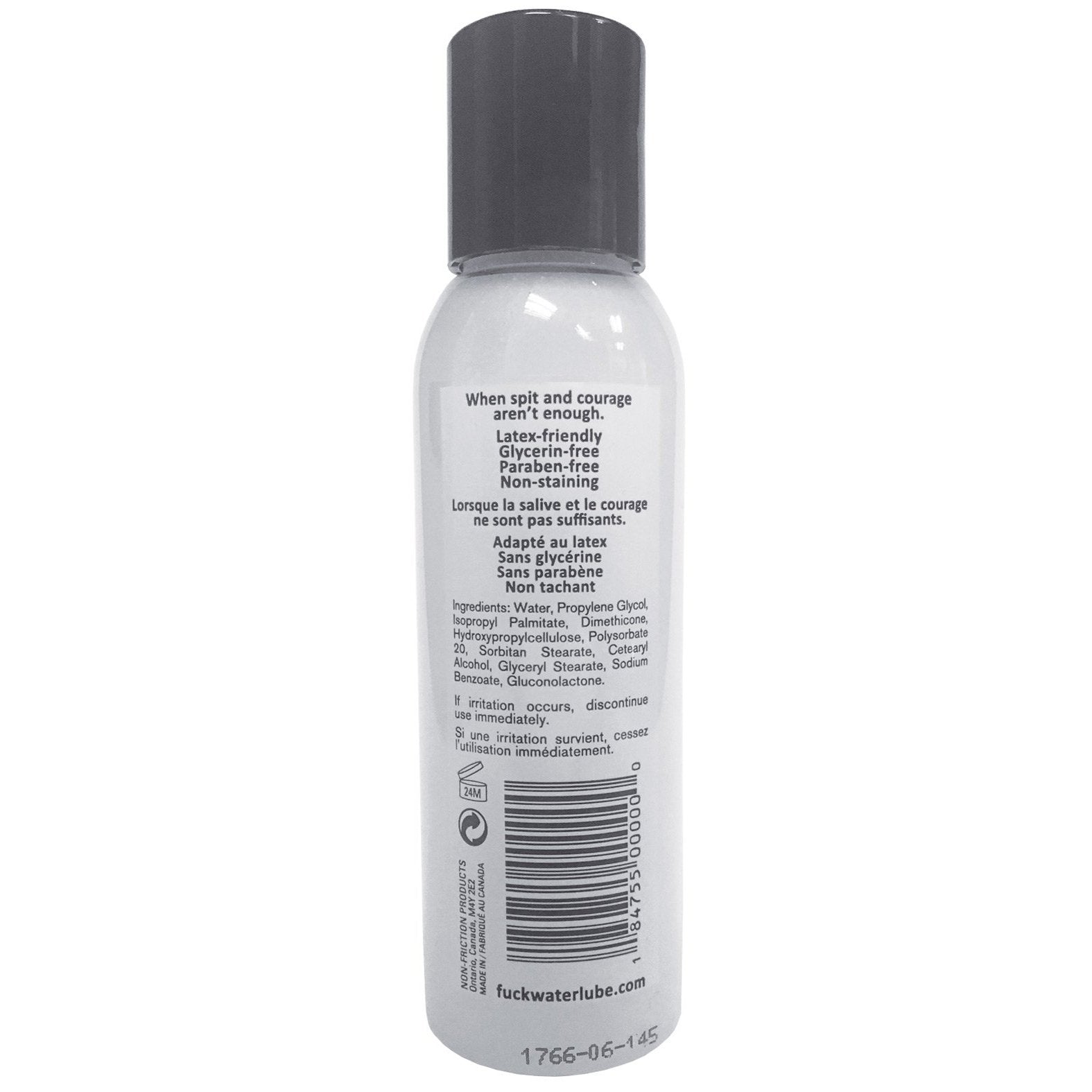 The gray bottle of Fuck Water H2O features a black cap and showcases its latex-friendly, glycerin-free, paraben-free, non-staining, and long-lasting water-based formula. Ingredients and a barcode are on the back.