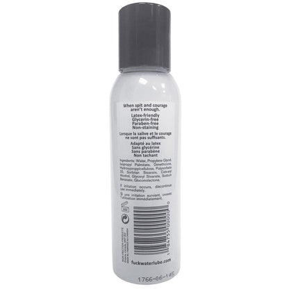 The gray bottle of Fuck Water H2O features a black cap and showcases its latex-friendly, glycerin-free, paraben-free, non-staining, and long-lasting water-based formula. Ingredients and a barcode are on the back.
