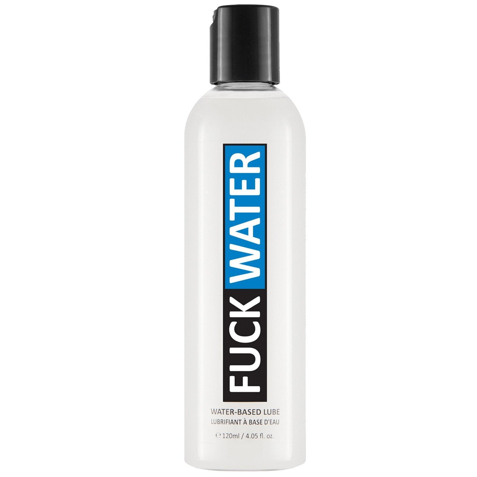 A clear 120ml (4.05 fl oz) glycerin-free lubricant labeled Fuck Water H2O with a black cap, highlights its water-based formula.